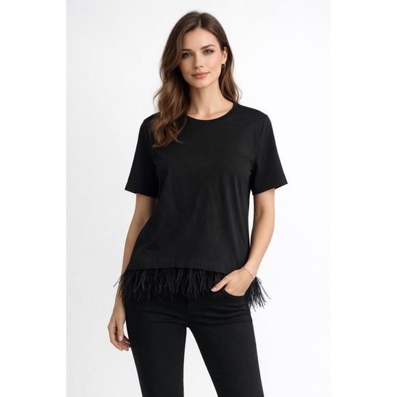 Nwt Luisa Cerano Feather Hem Black Short Sleeve Shirt